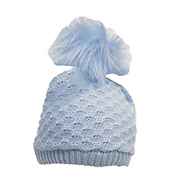 Baby Boys Crochet Knit Pom Pom Hat- Blue 6-12m