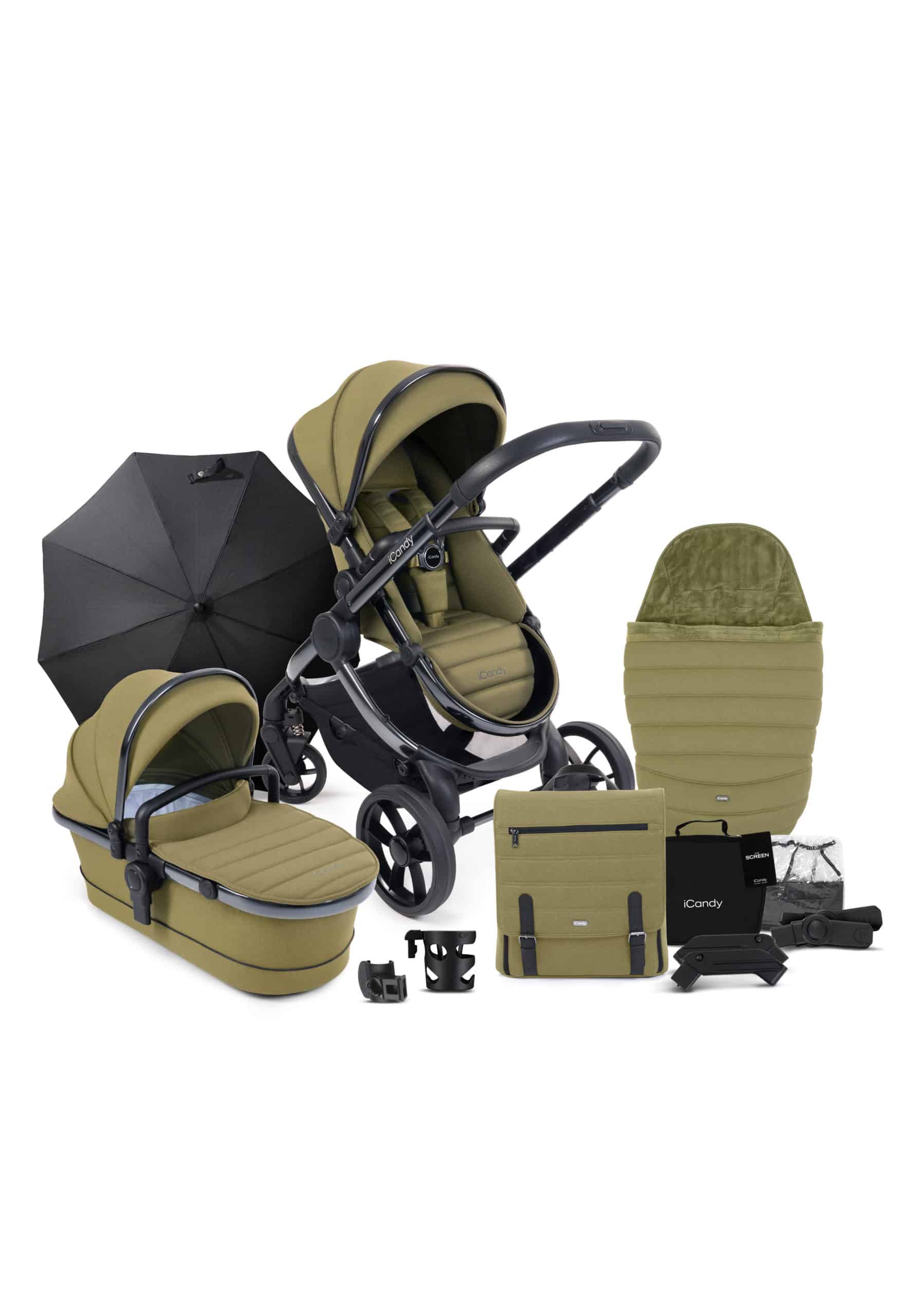 iCandy Peach 7 Pushchair & Carrycot Complete Bundle- Phantom/Olive Green