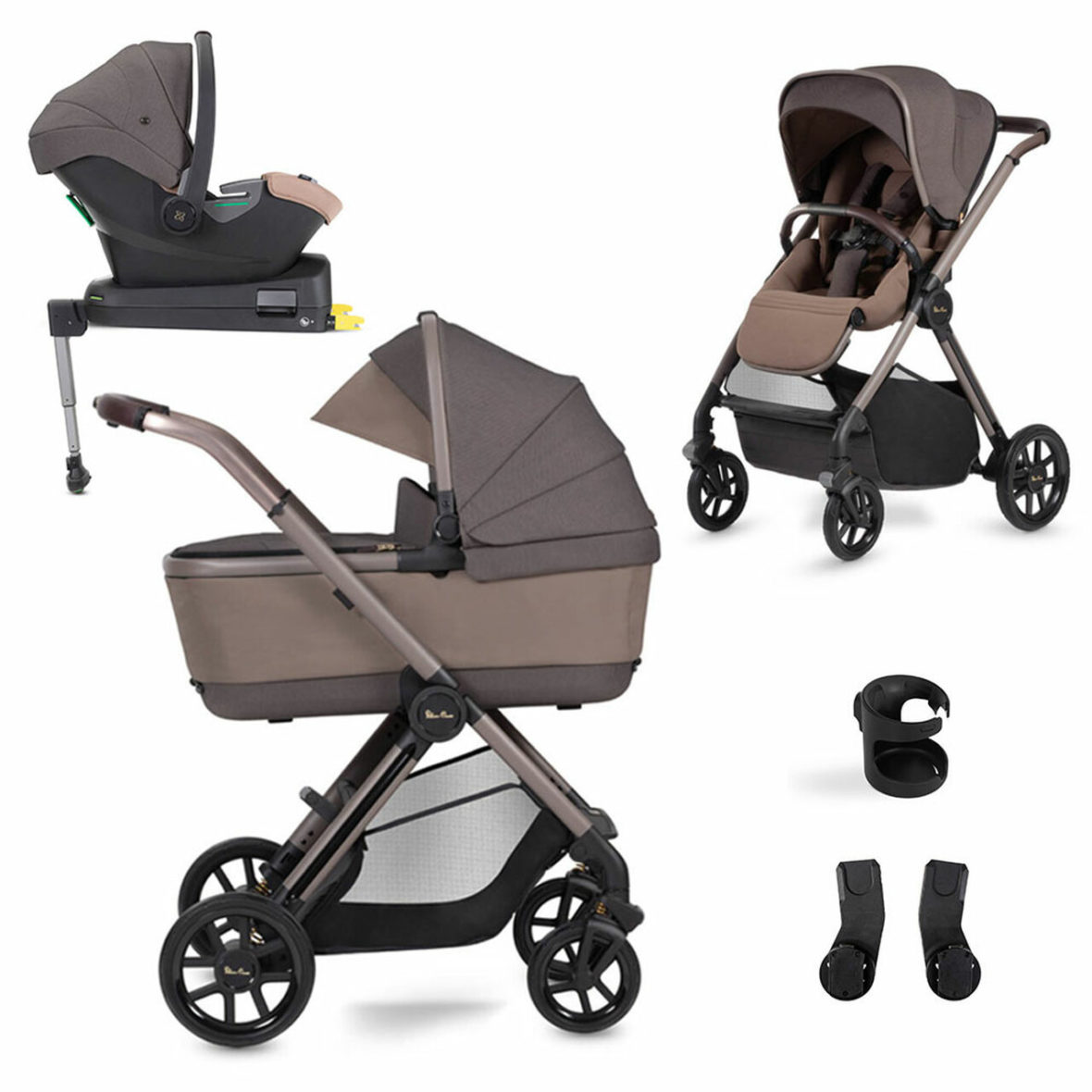 Silver Cross Reef Pushchair, First Bed Folding Carrycot & Travel Pack- Earth